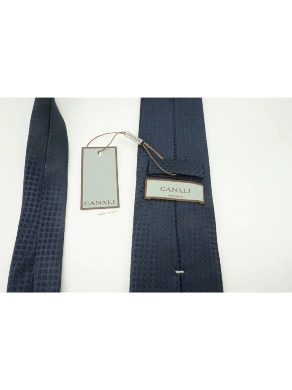 Canali Solid Navy Blue Jacquard Circular Silk Tie Brand New With Tags